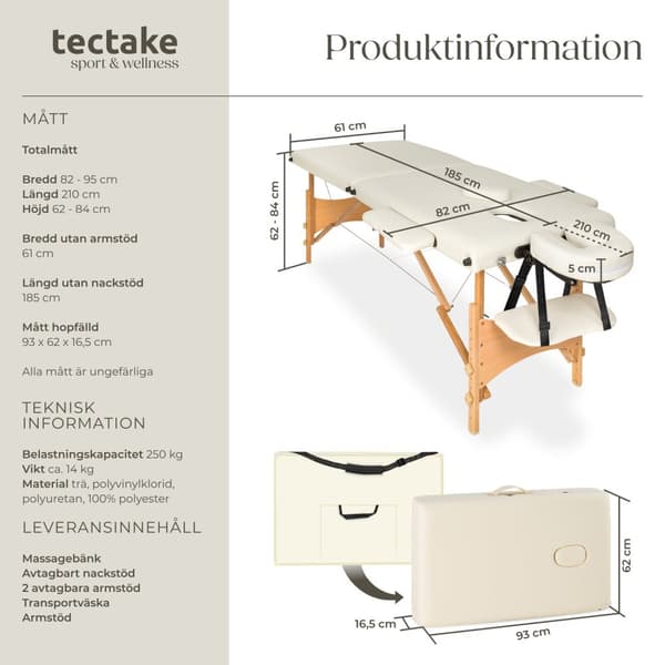 2-zons massagebänk med 5 cm stoppning, inklusive bärväska - beige
