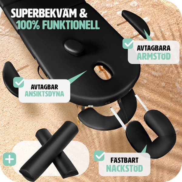 Set 3-zons oval massagebänk, 5 cm stoppning med stöd och träram - svart