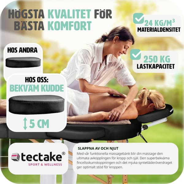 Set 3-zons oval massagebänk, 5 cm stoppning med stöd och träram - svart