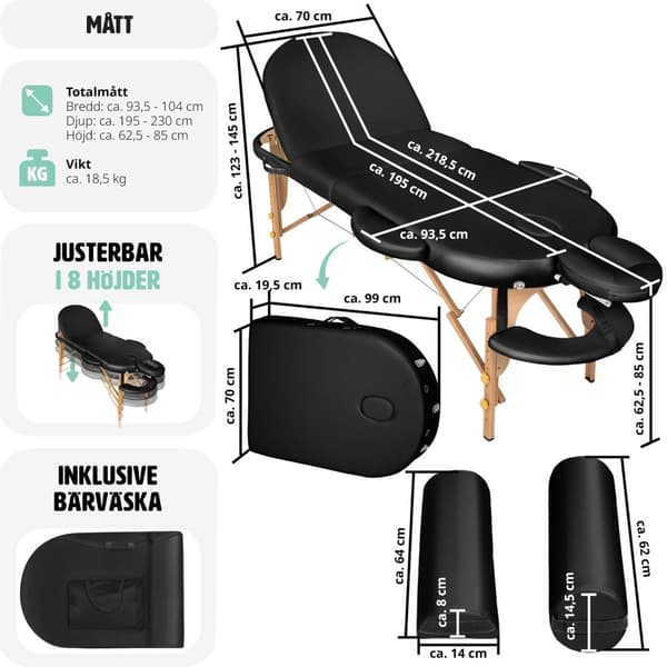 Set 3-zons oval massagebänk, 5 cm stoppning med stöd och träram - svart