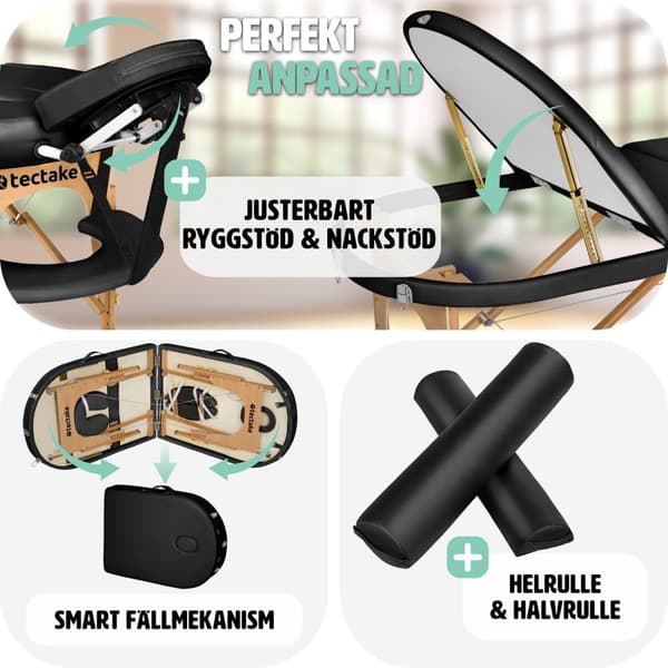 Set 3-zons oval massagebänk, 5 cm stoppning med stöd och träram - svart