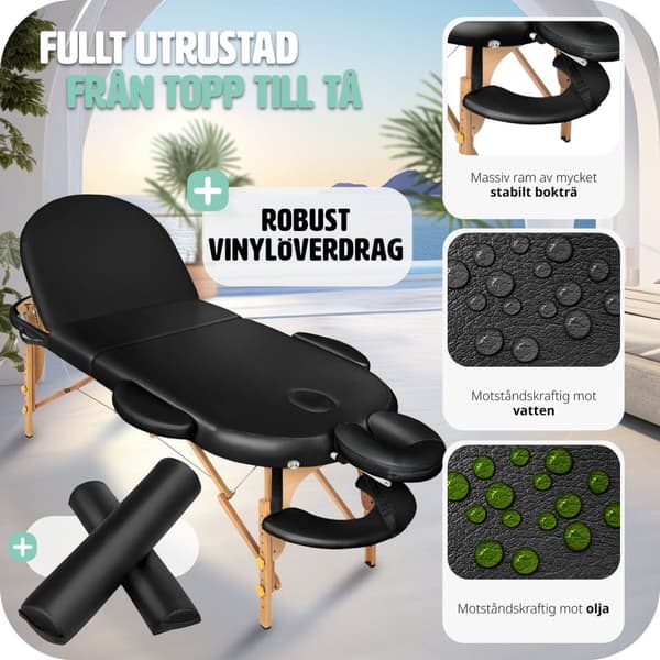 Set 3-zons oval massagebänk, 5 cm stoppning med stöd och träram - svart