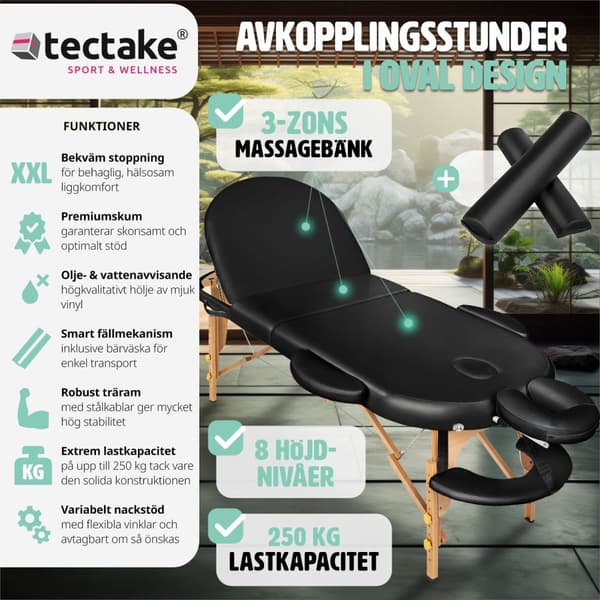Set 3-zons oval massagebänk, 5 cm stoppning med stöd och träram - svart