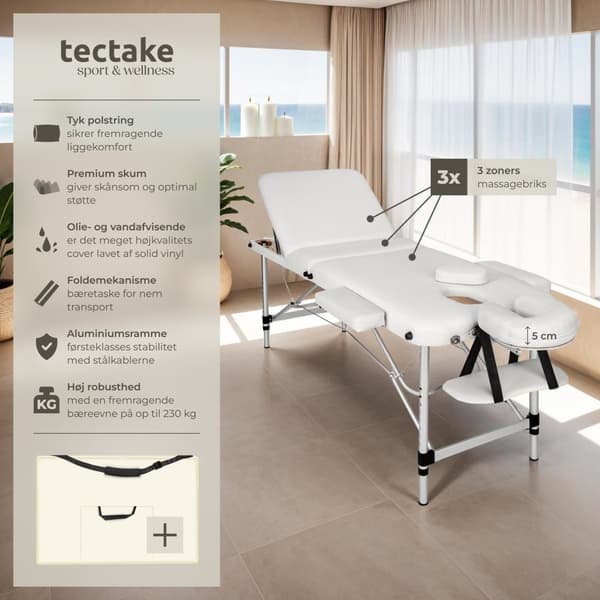 Massagebriks i aluminium med 3 zoner, 5 cm polstring + taske - hvid