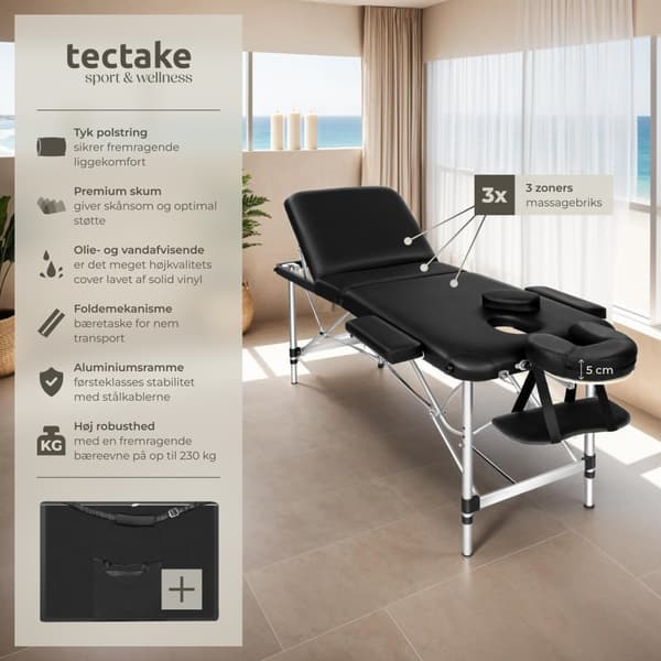 Massagebriks i aluminium med 3 zoner, 5 cm polstring + taske - sort