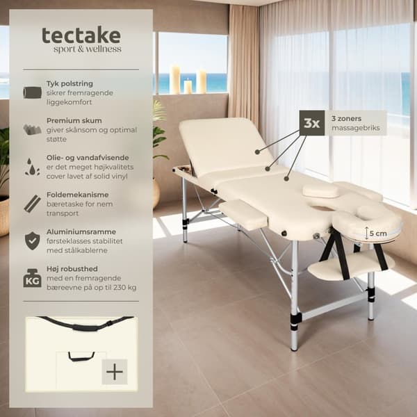 Massagebriks i aluminium med 3 zoner, 5 cm polstring + taske - beige