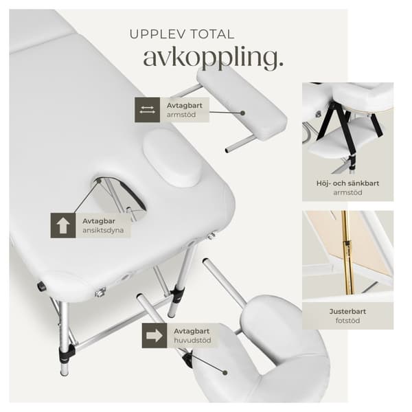 3-zons massagebänk med 5 cm stoppning och aluminiumram - vit