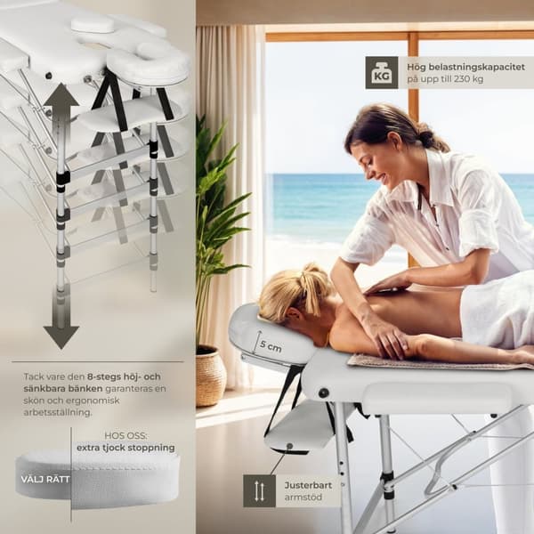 3-zons massagebänk med 5 cm stoppning och aluminiumram - vit