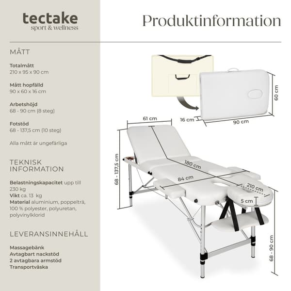 3-zons massagebänk med 5 cm stoppning och aluminiumram - vit