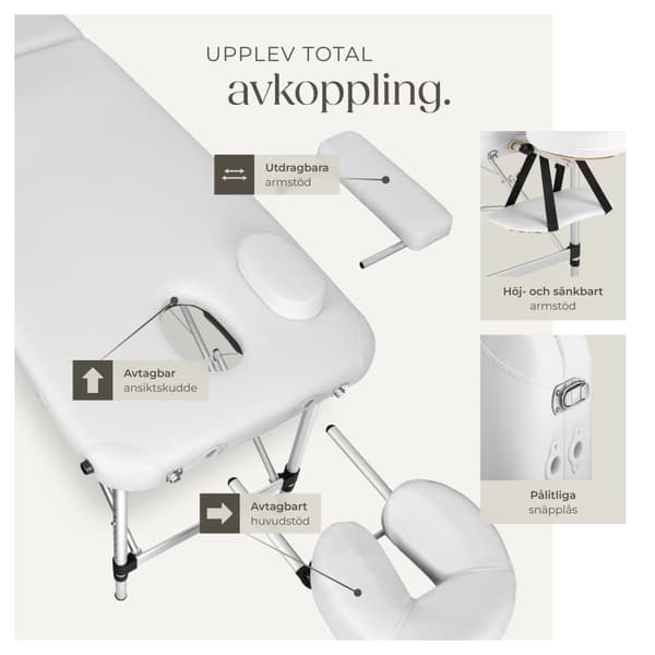 2-zons massagebänk med aluminiumram och bärväska - vit