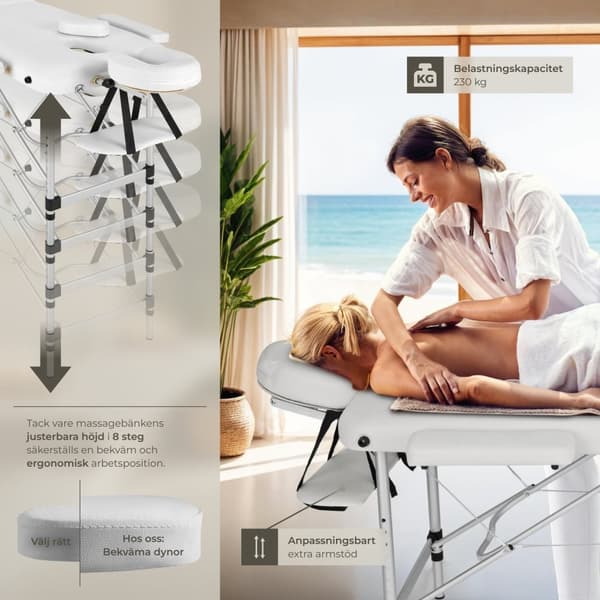 2-zons massagebänk med aluminiumram och bärväska - vit