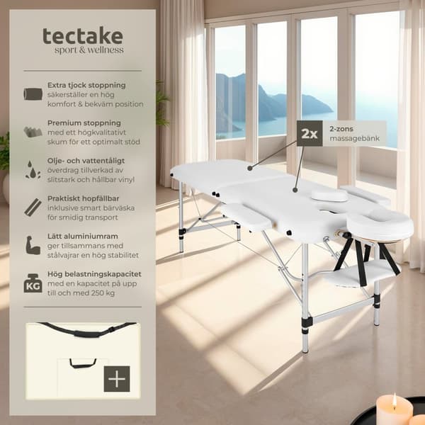 2-zons massagebänk med aluminiumram och bärväska - vit
