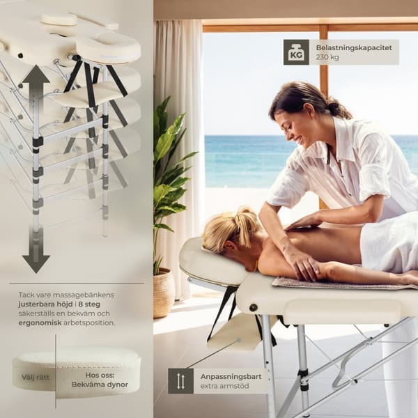 2-zons massagebänk med aluminiumram och bärväska - beige