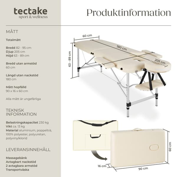 2-zons massagebänk med aluminiumram och bärväska - beige