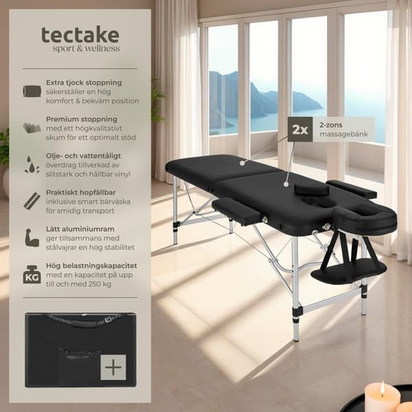 2-zons massagebänk med aluminiumram och bärväska - svart
