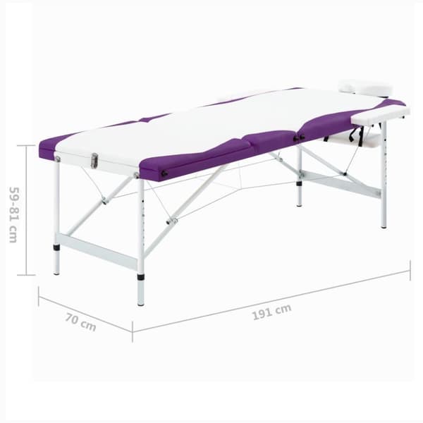 vidaXL sammenfoldeligt massagebord aluminiumsstel 3 zoner hvid lilla