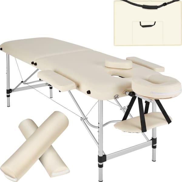 Massagebriks med 2 zoner, polstring, massageruller og aluminiumsstel - beige