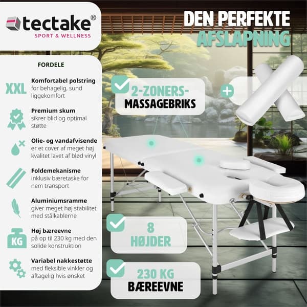 Massagebriks med 2 zoner, polstring, massageruller og aluminiumsstel - hvid