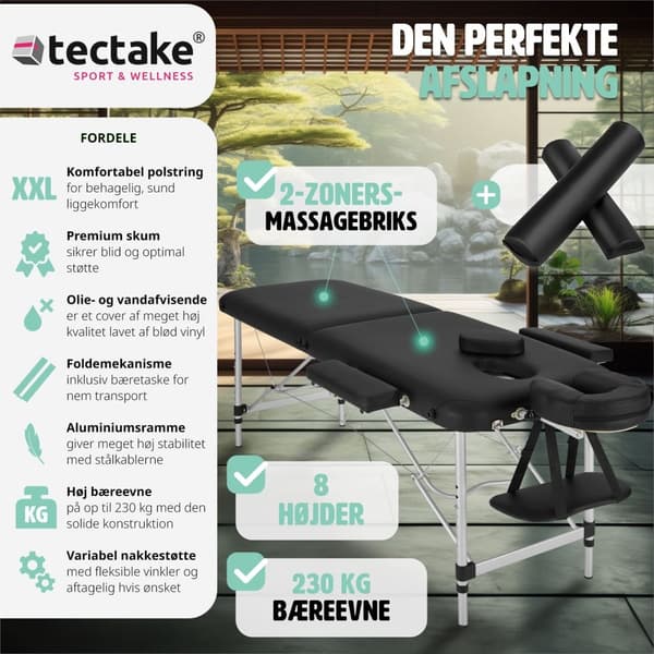 Massagebriks med 2 zoner, polstring, massageruller og aluminiumsstel - sort