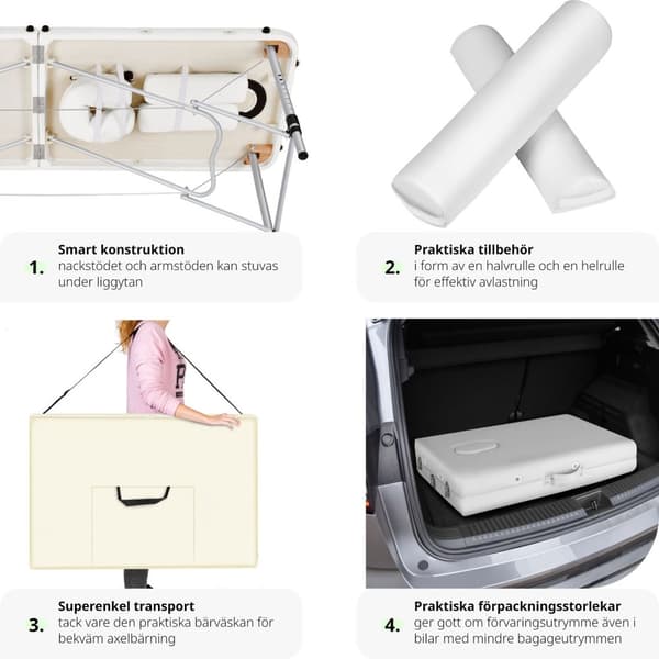 Set 2-zons Massagebänk med aluminiumram inklusive massagerullar - vit