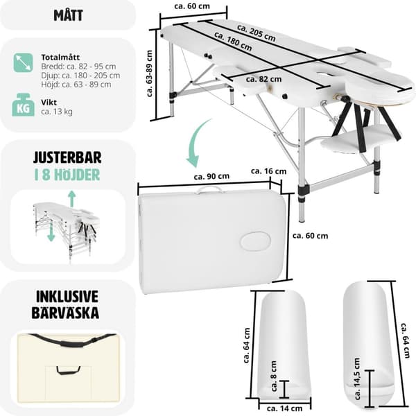 Set 2-zons Massagebänk med aluminiumram inklusive massagerullar - vit