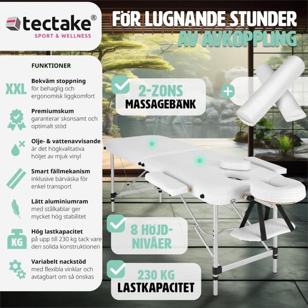 Set 2-zons Massagebänk med aluminiumram inklusive massagerullar - vit