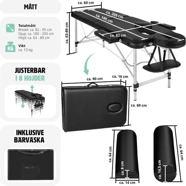 Set 2-zons Massagebänk med aluminiumram inklusive massagerullar - svart