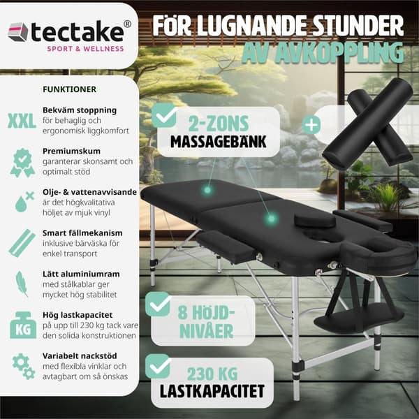 Set 2-zons Massagebänk med aluminiumram inklusive massagerullar - svart