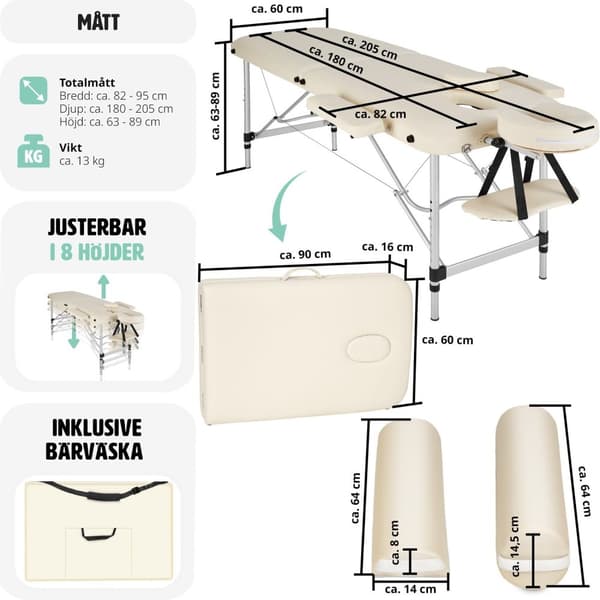 Set 2-zons Massagebänk med aluminiumram inklusive massagerullar - beige