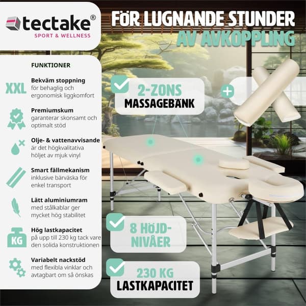 Set 2-zons Massagebänk med aluminiumram inklusive massagerullar - beige