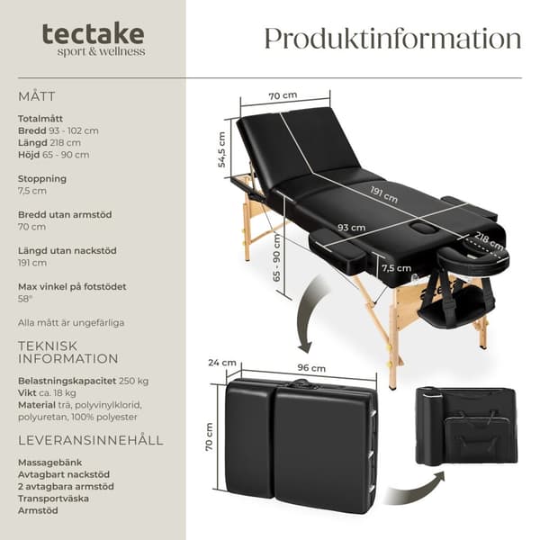 3-zons massagebänk Somwang med 7,5 cm stoppning och träram - svart