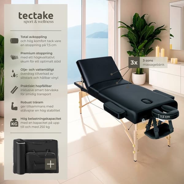 3-zons massagebänk Somwang med 7,5 cm stoppning och träram - svart