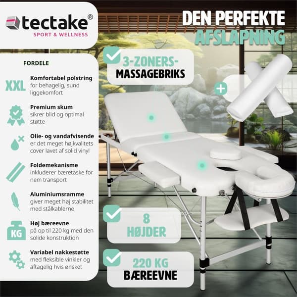 Massagebriks med 3 zoner, 5 cm polstring og taske - hvid