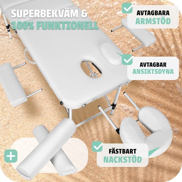 Set 3-Zons Massagebänk med 5 cm stoppning och aluminiumram, inklusive massagerullar - vit