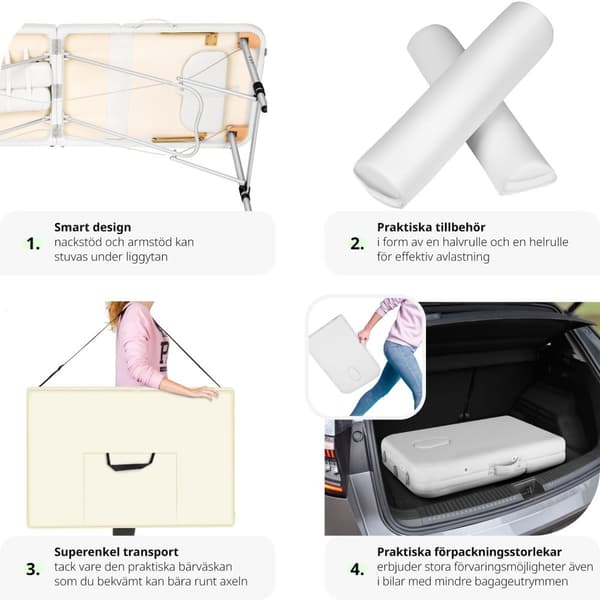Set 3-Zons Massagebänk med 5 cm stoppning och aluminiumram, inklusive massagerullar - vit
