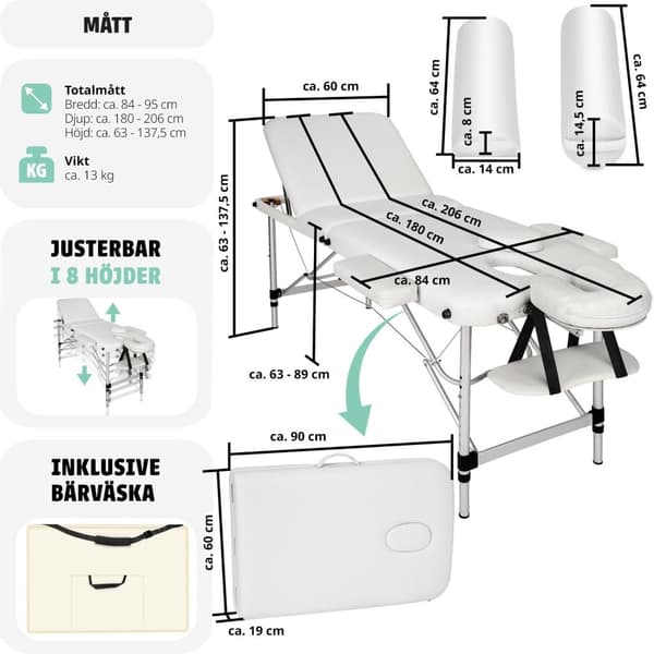 Set 3-Zons Massagebänk med 5 cm stoppning och aluminiumram, inklusive massagerullar - vit