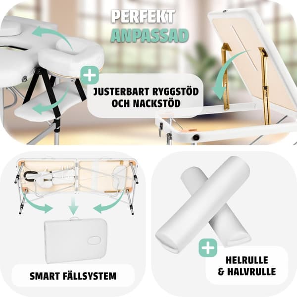 Set 3-Zons Massagebänk med 5 cm stoppning och aluminiumram, inklusive massagerullar - vit