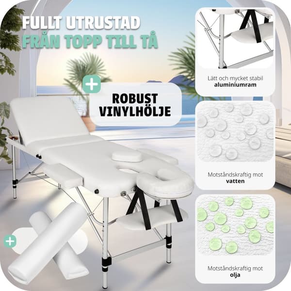 Set 3-Zons Massagebänk med 5 cm stoppning och aluminiumram, inklusive massagerullar - vit