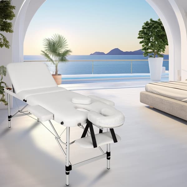 Set 3-Zons Massagebänk med 5 cm stoppning och aluminiumram, inklusive massagerullar - vit