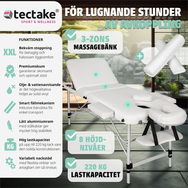 Set 3-Zons Massagebänk med 5 cm stoppning och aluminiumram, inklusive massagerullar - vit