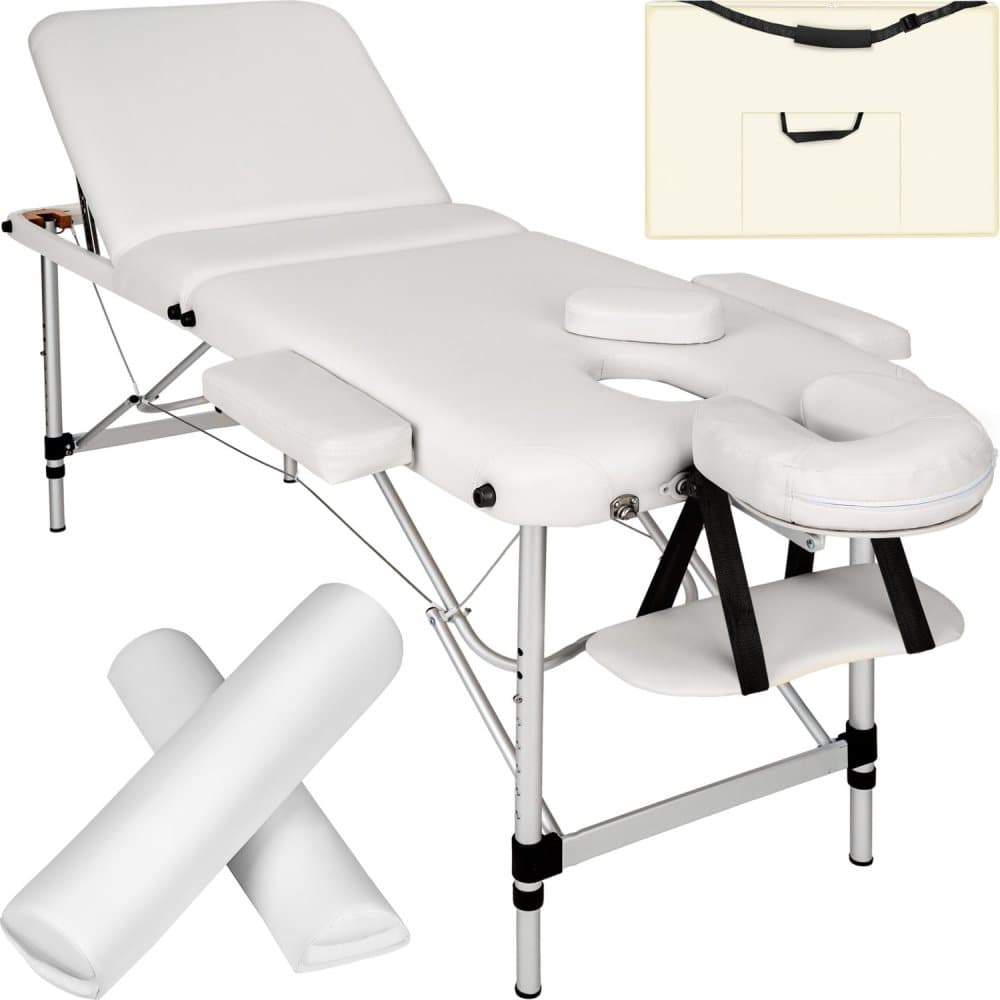 3-zons massagebänk med 5 cm klädsel, hjul och aluminiumram - vit