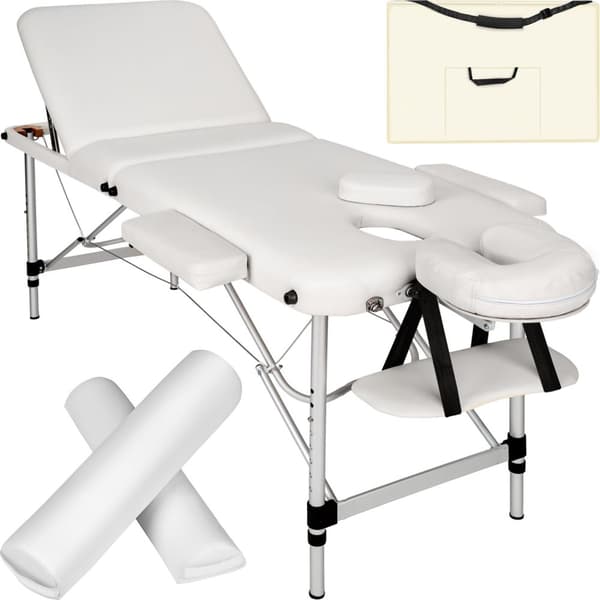 Set 3-Zons Massagebänk med 5 cm stoppning och aluminiumram, inklusive massagerullar - vit
