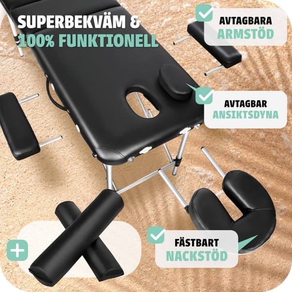 Set 3-Zons Massagebänk med 5 cm stoppning och aluminiumram, inklusive massagerullar - svart