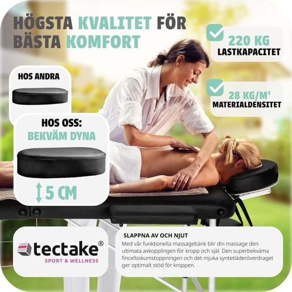 Set 3-Zons Massagebänk med 5 cm stoppning och aluminiumram, inklusive massagerullar - svart