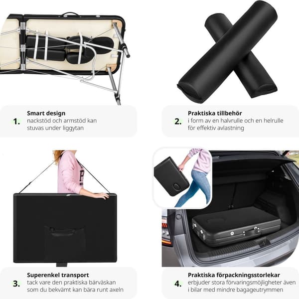 Set 3-Zons Massagebänk med 5 cm stoppning och aluminiumram, inklusive massagerullar - svart