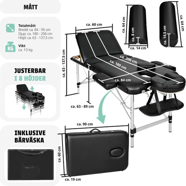 Set 3-Zons Massagebänk med 5 cm stoppning och aluminiumram, inklusive massagerullar - svart