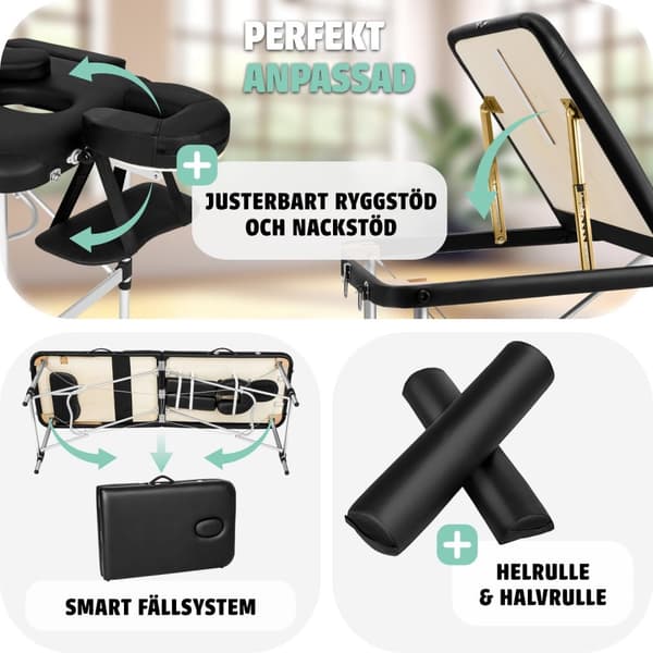 Set 3-Zons Massagebänk med 5 cm stoppning och aluminiumram, inklusive massagerullar - svart