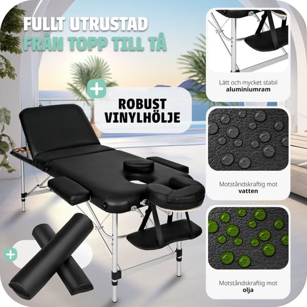 Set 3-Zons Massagebänk med 5 cm stoppning och aluminiumram, inklusive massagerullar - svart