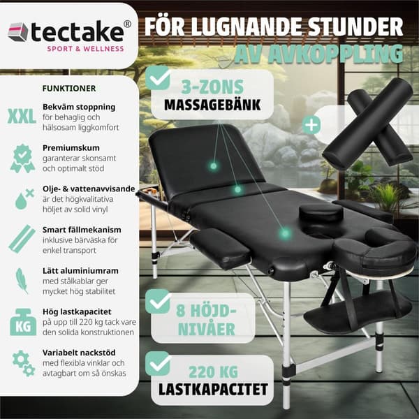 Set 3-Zons Massagebänk med 5 cm stoppning och aluminiumram, inklusive massagerullar - svart