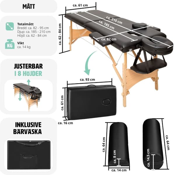 Set 2-zons Massagebänk Freddi med 5 cm stoppning och träram inklusive massagerullar - svart